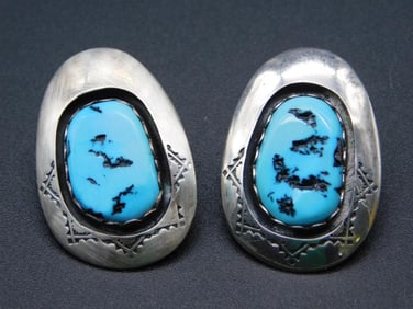 STERLING SILVER TURQUOISE POST EARRINGS VINTAGE ANTIQUE