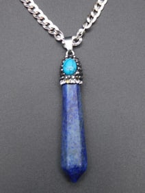 LAPIS LAZULI AND TURQUOISE PENDANT ON ITALIAN STERLING SILVER NECKLACE VINTAGE ANTIQUE