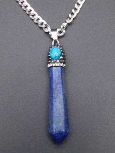 LAPIS LAZULI AND TURQUOISE PENDANT ON ITALIAN STERLING SILVER NECKLACE VINTAGE ANTIQUE: LAPIS LAZULI AND TURQUOISE PENDANT ON ITALIAN STERLING SILVER NECKLACE VINTAGE ANTIQUE