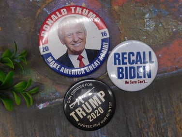 Lot of 3 Political Campaign Pinback Buttons - Trump 2016, Trump 2020, Recall Biden