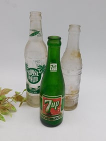 Lot of 3 Vintage Glass Soda Bottles - 7UP and Others