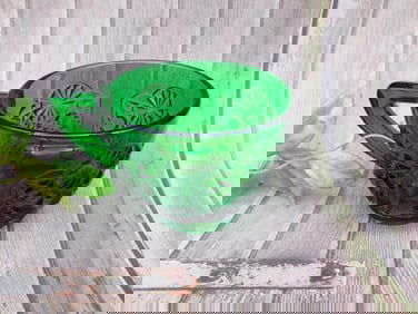 Green Glass Cup With Geometric Pattern