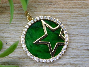 Gold-Tone Star Pendant with Green Enamel and Rhinestones