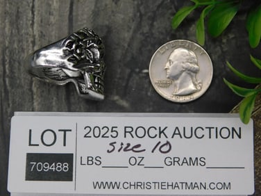 Silver Tone Skull Ring with Floral Design, Size 10