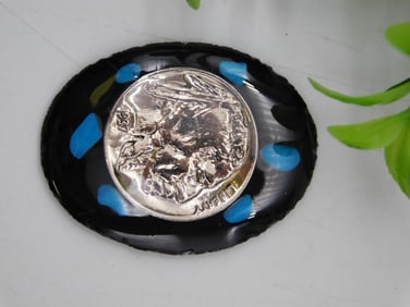 Decorative Coin Set on Black and Blue Cabochon