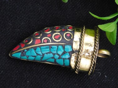 Turquoise and Red Coral Mosaic Pendant Rock Stone Lapidary Specimen