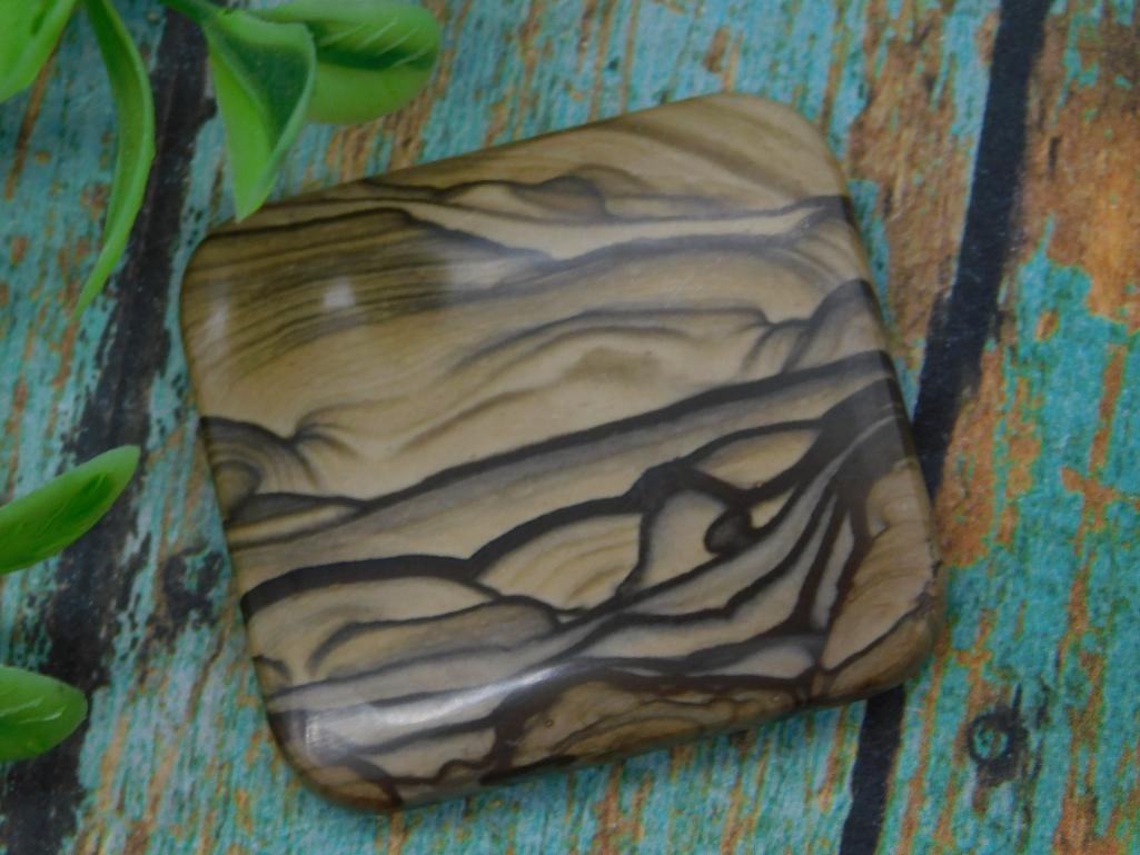 Rectangular Polished Jasper Gemstone, 10 Grams: Rectangular polished jasper gemstone featuring unique black and brown patterning resembling natural wood grain. Weighs 10 grams. Smoothly polished for enhanced display or crafting use. Approximate siz