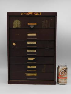 Vintage G-S Watch Crystal Cabinet with over 500 Pieces in Contents Watchmaking Tools Vintage Antique: JOIN US NEXT WEEK FOR OVER 1000 LOTS OF WATCHMAKING TOOLS! Brown wood cabinet designed for storing G-S watch crystals | - Features seven pull-out drawers with brass handles and contents labels | - Inc