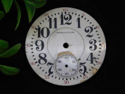 Hamilton Pocket Watch Dial with Subdial WATCHMAKER WATCHMAKING TOOLS: - Vintage Hamilton pocket watch dial. | - Features black Arabic numerals and a seconds subdial at the 6 o'clock position. | - White face with visible signs of wear, including discoloration and surface