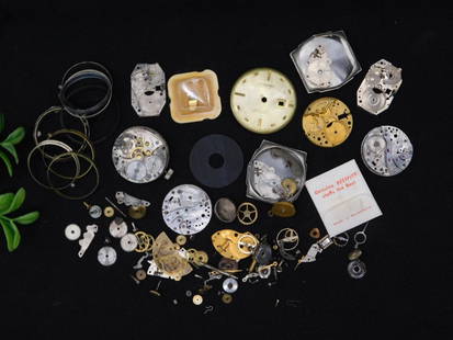 Vintage Watch Parts and Movements Lot WATCHMAKER WATCHMAKING TOOLS: - A diverse assortment of watch parts and movements, including dials, gears, cases, and other mechanical components. | - Features multiple vintage watch brands, including pieces marked "Cyma" and