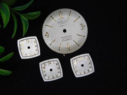 Hamilton Watch Dials Lot ? Assorted Styles WATCHMAKER WATCHMAKING TOOLS: - Includes one round Hamilton Antimagnetic watch dial and three square dials. | - Round dial is marked with "Waterproof," "Anti-Shock," and "Antimagnetic." | - Square dials feature "Hamilton" and