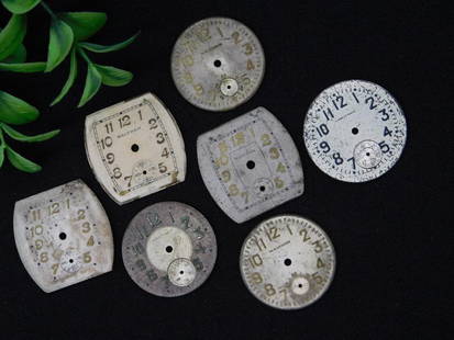 7 Vintage Waltham Watch Faces WATCHMAKER WATCHMAKING TOOLS: - Includes 7 vintage Waltham watch faces. | - Assortment of round and rectangular shapes, all featuring clear Waltham branding. | - Each dial shows varying degrees of age-related wear, discoloration,