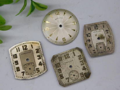 Vintage Hamilton Watch Faces Collection WATCHMAKER WATCHMAKING TOOLS: - Collection of four vintage Hamilton watch faces. | - Includes variations in shapes: round, rectangular, and cushion. | - Features Arabic numerals with varying design details. | - Designed for manual
