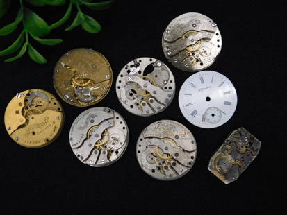 Vintage Watch Movements and Dials WATCHMAKER WATCHMAKING TOOLS: - Lot includes 8 vintage watch movements, mostly round, and one rectangular. | - Features include visible gears, parts, and a variety of inscribed maker marks. | - Two movements are marked "Molly Star