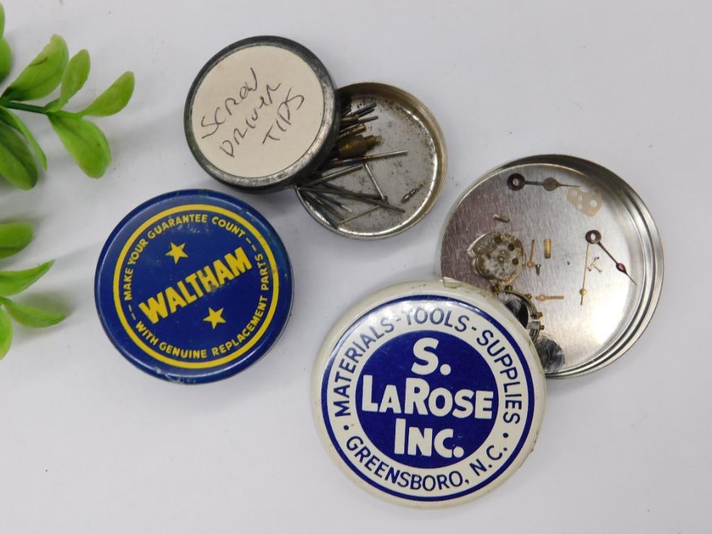 Vintage Watch Parts in Metal Tins WATCHMAKER WATCHMAKING TOOLS (1 of 2)