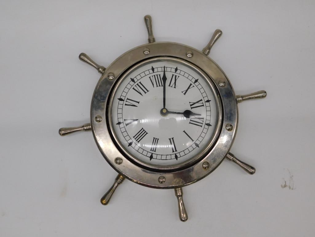 Nautical-Themed Brass Ship Wheel Wall Clock (1 of 2)