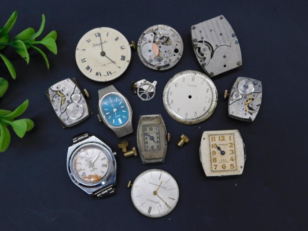 Vintage Watch Parts and Movements WATCHMAKER WATCHMAKING TOOLS: - Includes a collection of vintage watch parts and watch movements. | - Features various designs, including round, rectangular, and square watch faces. | - Includes branded pieces such as Bulova. | -