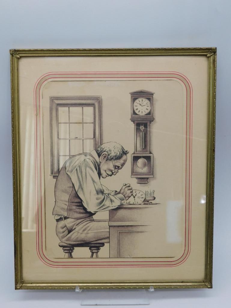 Framed Vintage Sketch of Man Observing a Clock (1 of 2)
