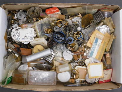 Vintage Watch Parts and Movements in Box WATCHMAKER WATCHMAKING TOOLS: - Lot includes a variety of vintage watch parts and movements, featuring dials, gears, hands, and other components. | - Various conditions ranging from unused original parts to disassembled components