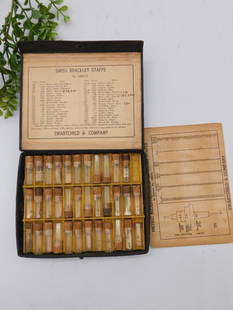 Vintage Watchmaking Swiss Bracelet Staffs Set by Swartchild WATCHMAKER WATCHMAKING TOOLS: - Vintage Swiss Bracelet Staffs set by Swartchild & Company. | - Includes storage box containing glass vials with cork stoppers, each labeled with corresponding staff numbers. | - Accompanied by ident
