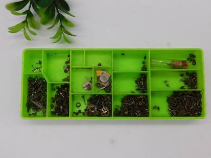 Watch Parts in Organizer Box WATCHMAKER WATCHMAKING TOOL: - Includes an assortment of watch parts and components. | - Organized in a green plastic compartmentalized tray. | - Components include gears, springs, and other mechanical pieces, as well as a small
