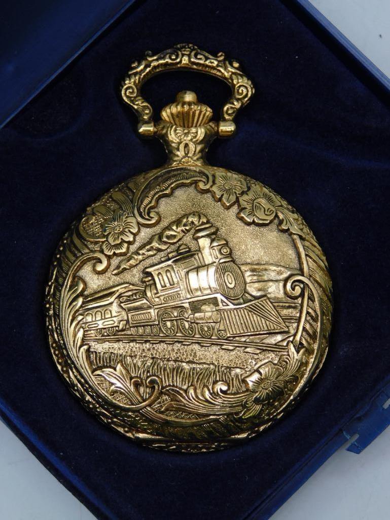 Gold-Tone Pocket Watch with Train Motif in Case WATCHMAKER WATCHMAKING TOOLS (1 of 6)