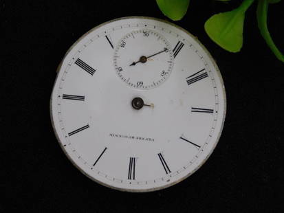 Antique Pocket Watch Movement Dial and Mechanism WATCHMAKER WATCHMAKING TOOLS: - Antique pocket watch dial with Roman numerals and inner seconds subdial. | - White enamel finish on watch face with minor wear visible. | - Includes visible clockwork mechanism on reverse side. | -