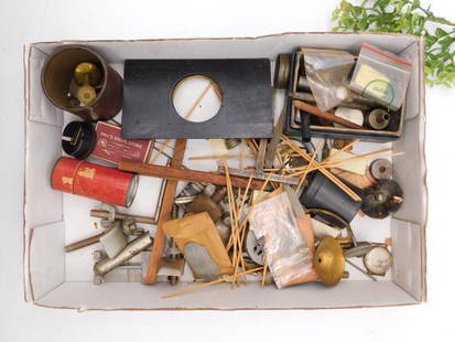 Lot of Vintage Tools and Industrial Components WATCHMAKER WATCHMAKING TOOLS: - Includes a mixture of vintage tools, small parts, and industrial components | - Items such as screws, brass components, wooden sticks, metal fittings, and small hardware pieces | - Some items are st