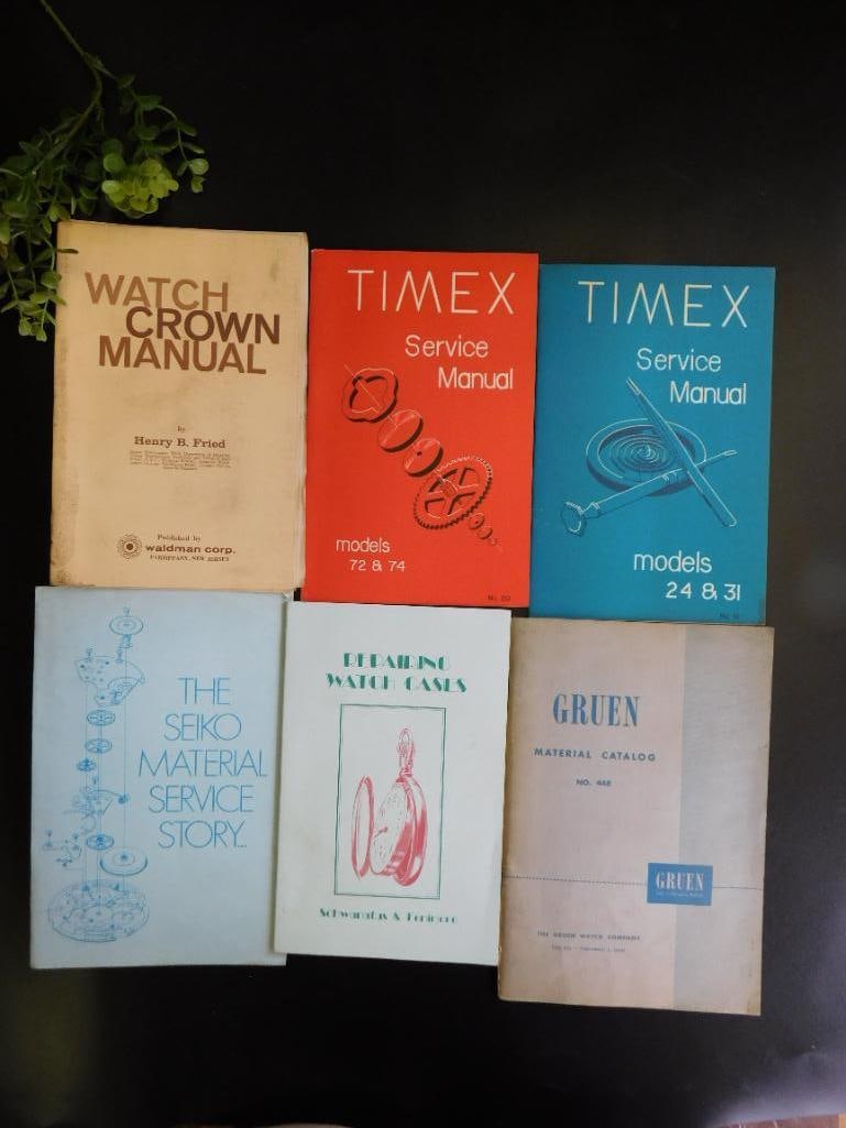 Vintage Watch Repair Manual Books WATCHMAKER WATCHMAKING TOOLS: Includes 6 vintage watch repair manuals. | Covers brands such as Timex, Seiko, and Elgin. | Manuals include detailed service and maintenance instructions. | Copyrighted years and publishers include 19