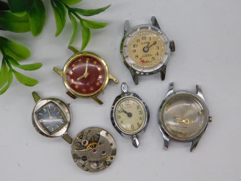 Six Vintage Watch Bodies and Movements WATCHMAKER WATCHMAKING TOOLS: Includes six vintage watch parts including watch bodies and movements. | Brands visible include Timex, Seiko, Glory, and more. | Multiple dial designs, including red, cream, and silver tones. | Some w