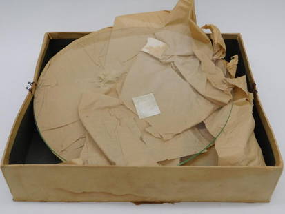 Vintage Circular Glass Plates in Original Packaging WATCHMAKER WATCHMAKING TOOLS: Includes two circular glass plates, packaged in their original box with tissue wrapping. | Original box measures approximately 12 inches, as per included ruler for scale. | Box marked with hand-writte