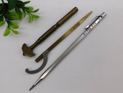 Vintage Compass and Brass Measuring Tools Set WATCHMAKER WATCHMAKING TOOLS: Includes a vintage compass, brass measuring tool, and other accessories. | The compass features 'Anderson' branding engraved on the metal body. | Brass tool with markings for measurements and curved