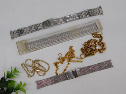 Metal Chains and Watchbands WATCHMAKER WATCHMAKING TOOLS: Includes two silver-tone watchbands with adjustable clasps. | One packaged Speidel silver-tone watchband. | Assorted gold-tone chains in varying sizes and styles. | Mixed metal construction for all