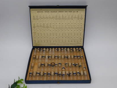 Vintage Wyler Incaflex Balance Wheel Display Set WATCHMAKER WATCHMAKING TOOLS: Vintage Wyler Incaflex watch balance wheel display set in a blue case | Includes balance wheels housed in individual plastic vials labeled with numbers | Case has a hinged lid with printed charts on