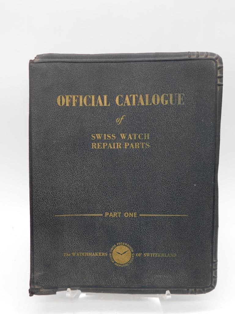 Official Catalogue of Swiss Watch Repair Parts, 1944 WATCHMAKER WATCHMAKING TOOLS: Official catalogue titled "Official Catalogue of Swiss Watch Repair Parts Part One." | Originates from the year 1944. | Features detailed mechanical illustrations and diagrams of watch parts. | Includ