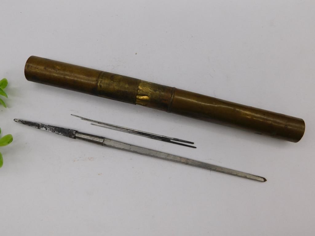 Antique Brass Needle Case with Contents WATCHMAKER WATCHMAKING TOOLS (1 of 2)