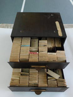 C&E Marshall Co. Metal Filing Cabinet with Watch Parts WATCHMAKING WATCHMAKER TOOLS: Vintage two-drawer metal filing cabinet from C&E Marshall Co. | - Contains numerous small labeled envelopes and compartments, presumably filled with watch parts and components. | - Includes various la