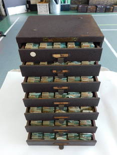 Vintage Multi-Drawer Watch Crystal Cabinet with Contents WATCHMAKING WATCHMAKER TOOLS: Vintage multi-drawer steel cabinet for storing watch crystals. | - Includes a large collection of individually packaged watch crystals organized numerically in labeled slots. | - Crystals are branded