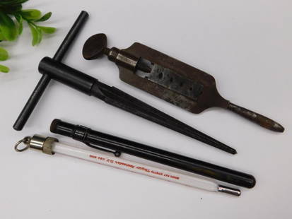 Vintage Tool Lot with T-Handle, Reamer, and Binol Thread Tool WATCHMAKER WATCHMAKING TOOLS: - Lot includes three distinct vintage tools. | - T-handle tool with cylindrical design and functional construction. | - Metal reamer taper tool, designed to shape or widen holes in materials. | - Bino