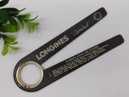 Longines Admiral Watch Crystal Removal Wrench WATCHMAKER WATCHMAKING TOOLS: - Vintage Longines 'Admiral' watch tool designed for removing watch crystals and movements. | - Stamped with the brand name and detailed usage instructions on one arm. | - Features a circular opening