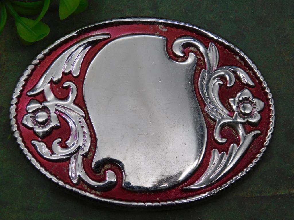 Oval Silver and Red Belt Buckle With Floral Design (1 of 3)