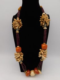 African Trade Beads Multicolored Beaded Necklace With Shell Accents