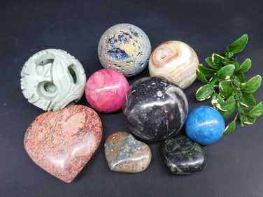 MIXED SPHERE AND HEART LOT ROCK STONE LAPIDARY SPECIMEN