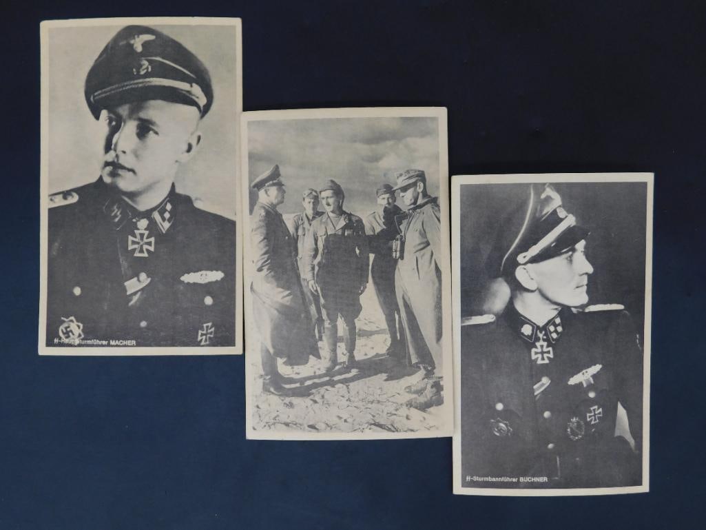 Set of 3 WWII German Military Postcards: Set of three WWII-era German military photographic postcards, featuring images of SS officers with printed text such as their ranks and names. The reverse side indicates these to be 'Echte Fotografie'