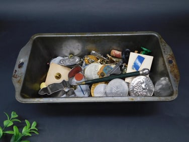 Metal Bin of Assorted Collectibles and Coins