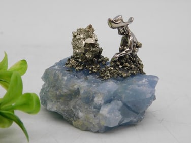 Metal Figurine Mining Scene on Celestite Rock Stone Lapidary Specimen