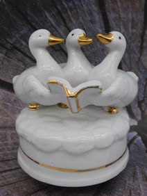 Porcelain Music Box With Three Ducks Reading