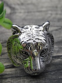 Men?s Tiger Head Ring in Metallic Silver Finish, Size 9.5