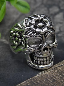 Silver Tone Skull Ring with Floral Design, Size 10