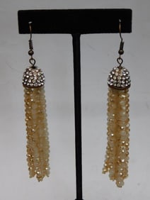 Gold-Tone Beaded Tassel Earrings with Rhinestone Detailing